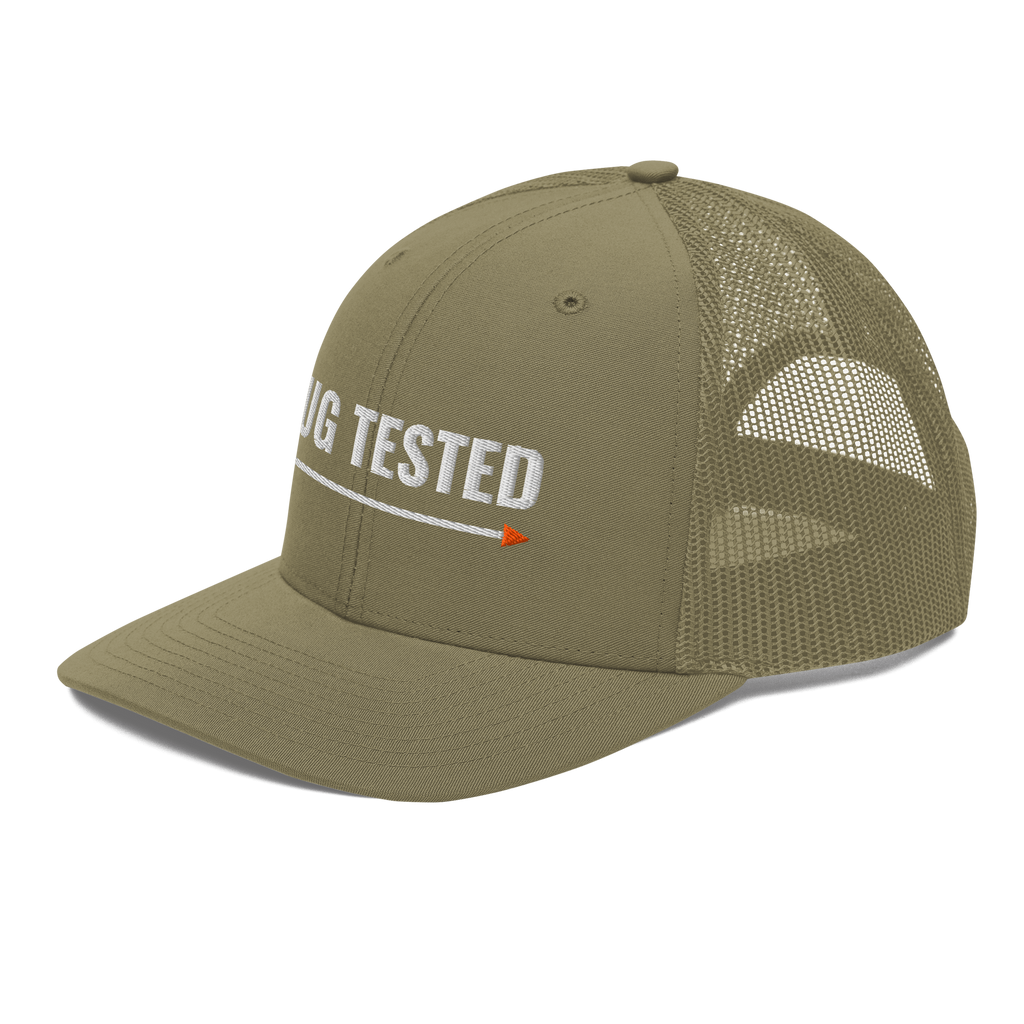 Tug Tested Trucker Hat, loden green Richardson 112 mesh-back cap with TUG TESTED in white embroidery over an orange-tipped line, left front angle