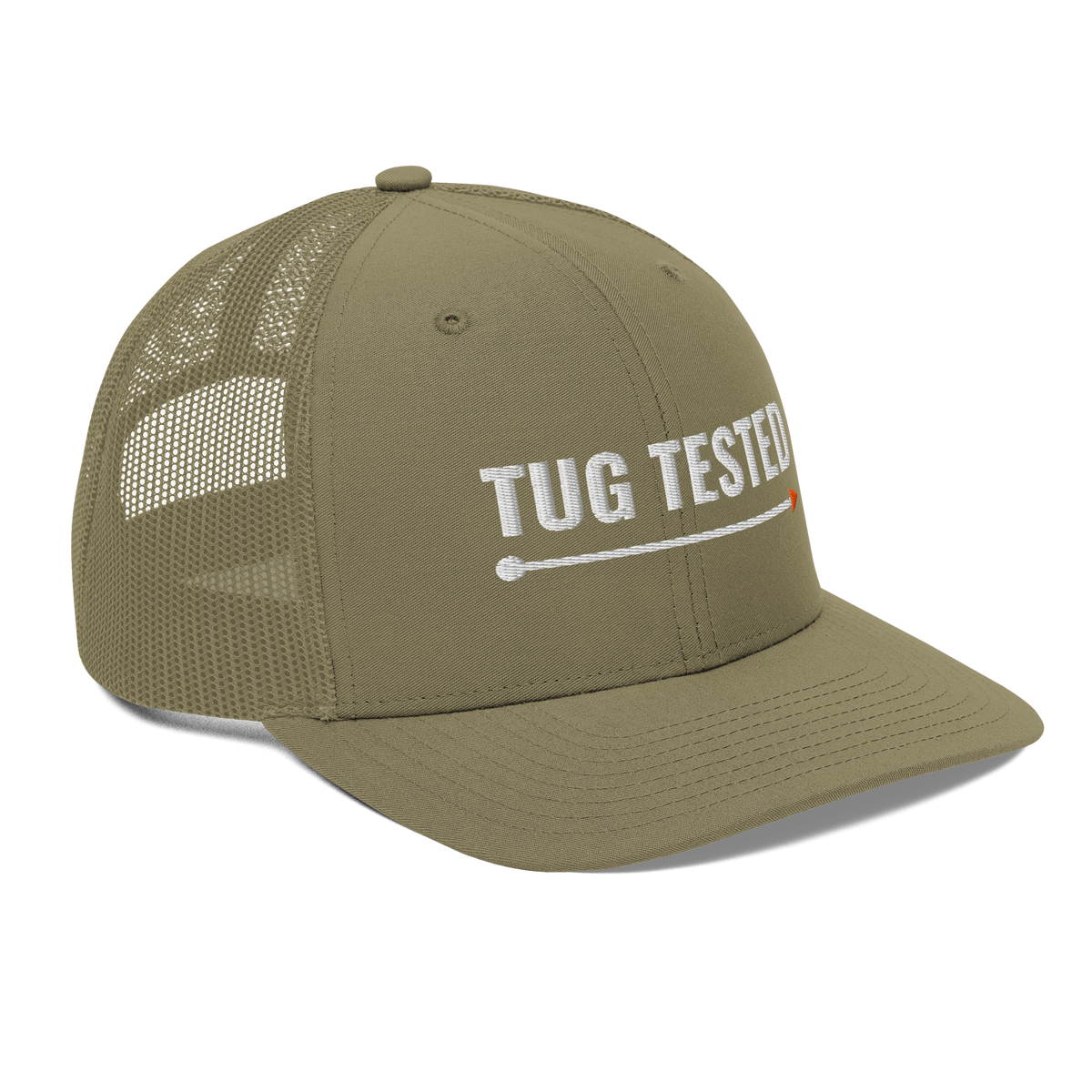 Tug Tested Trucker Hat, loden green Richardson 112 mesh-back cap with TUG TESTED in white embroidery over an orange-tipped line, right front angle
