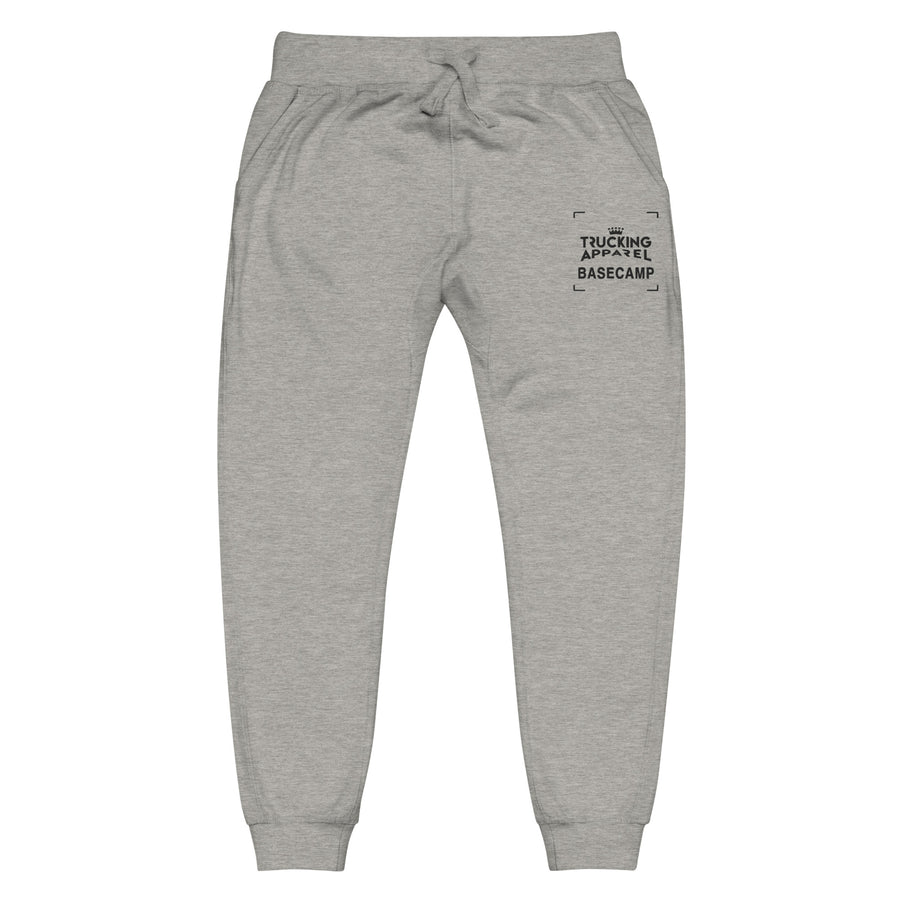 Basecamp Fleece Joggers in Carbon Grey, front supplier mockup with black Trucking Apparel and Basecamp upper-thigh embroidery