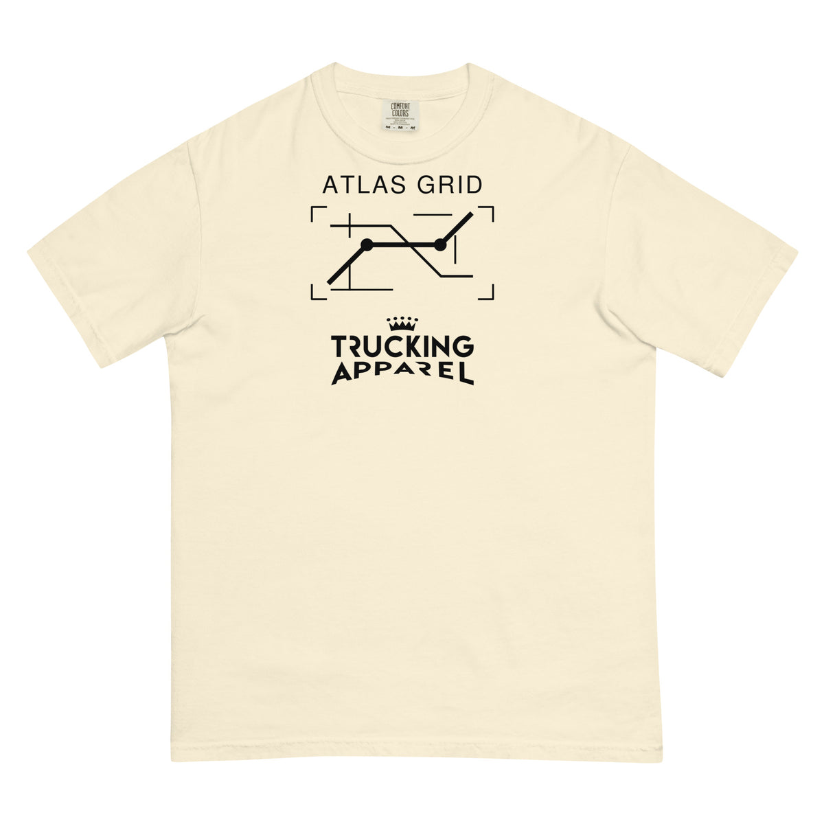 Atlas Grid Tee in Ivory, front supplier mockup with black route linework and Trucking Apparel crown graphic
