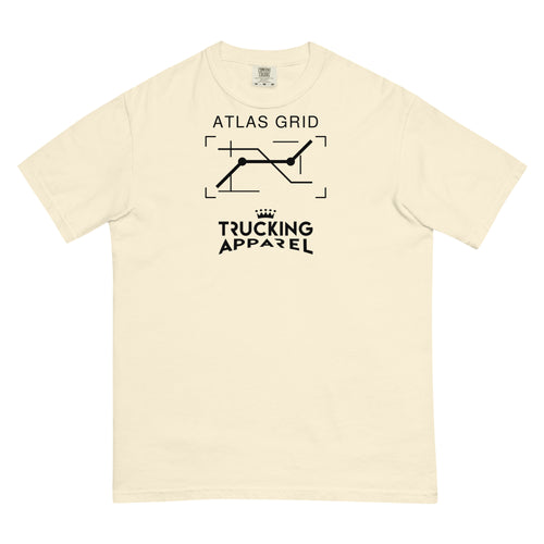 Atlas Grid Tee in Ivory, front supplier mockup with black route linework and Trucking Apparel crown graphic