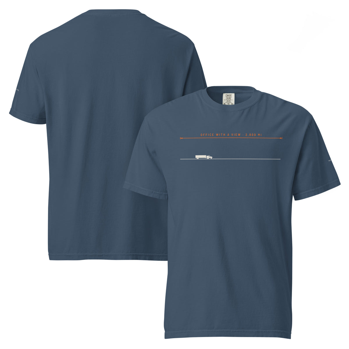 Office With A View Tee in midnight, front and back views.