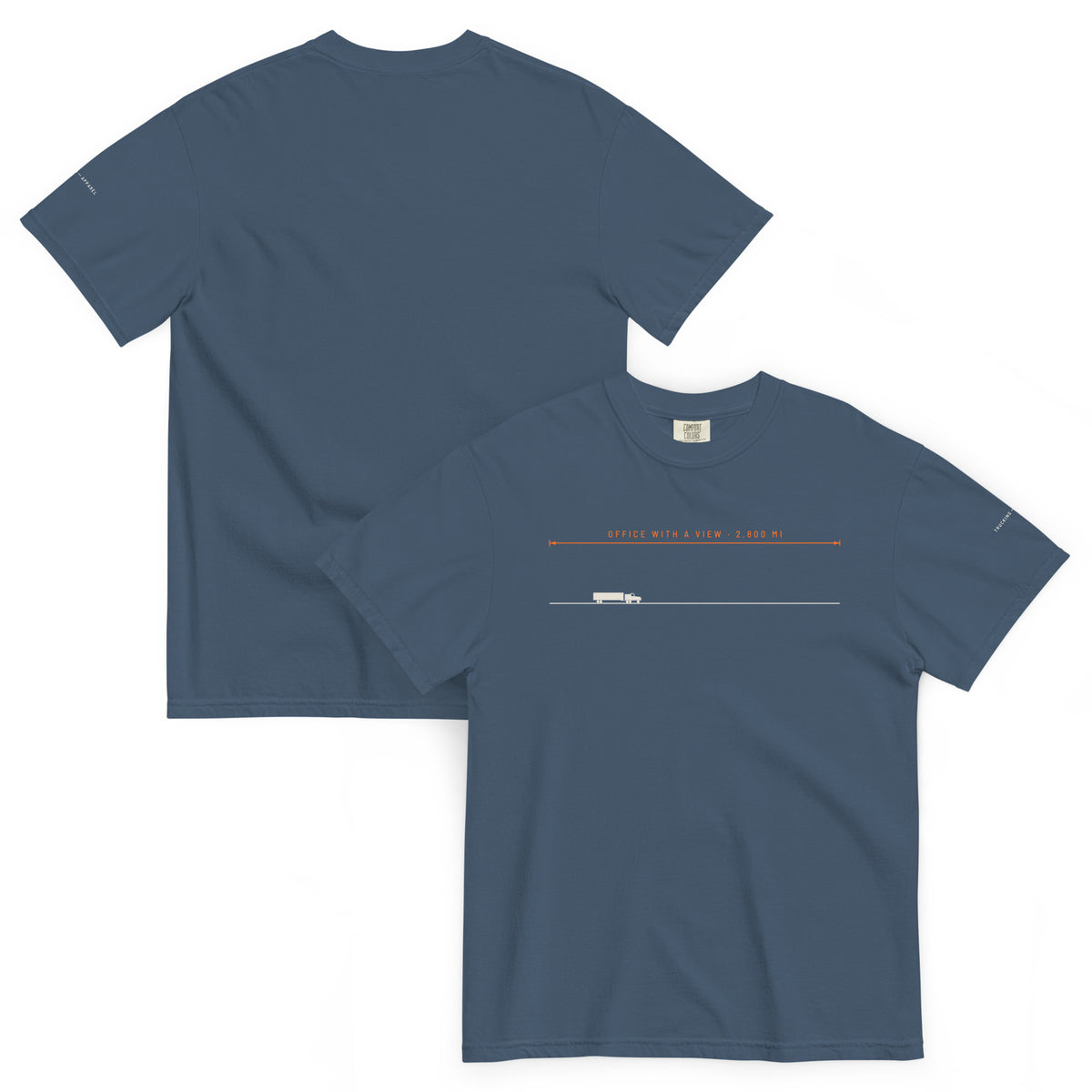 Office With A View Tee in midnight, front and back views.