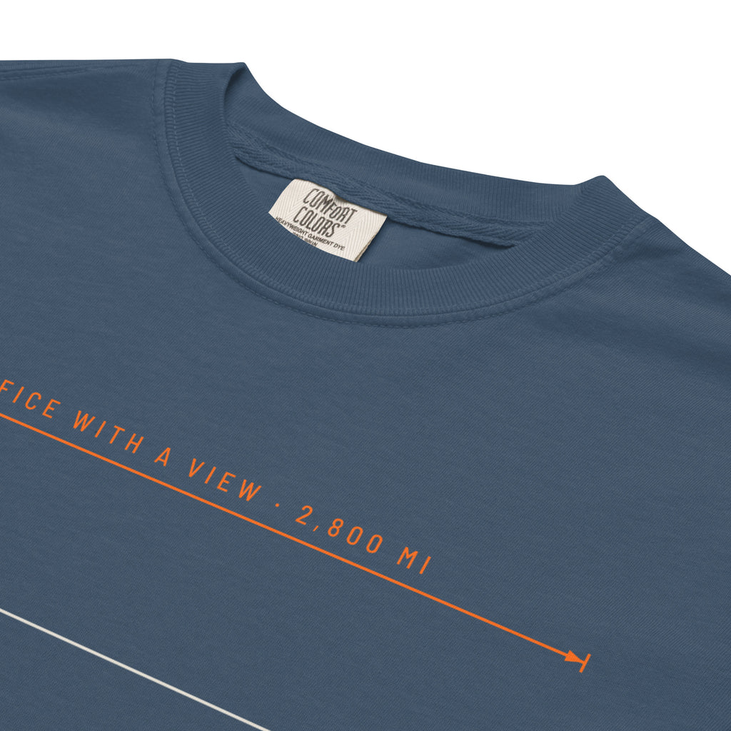 Office With A View Tee in midnight, close-up of the print.