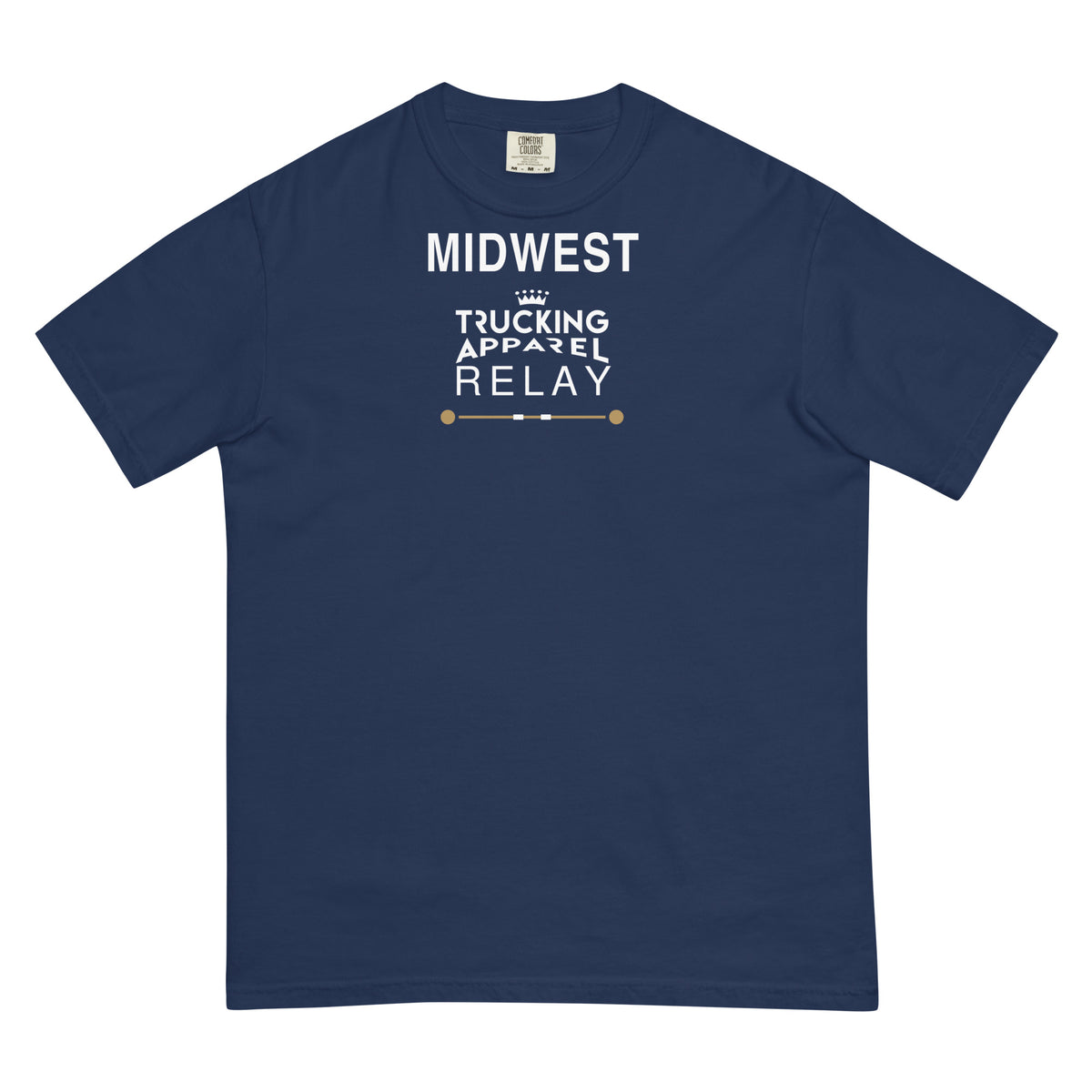 Midwest Relay Tee in True Navy, front supplier mockup with white Trucking Apparel crown and brass relay graphic