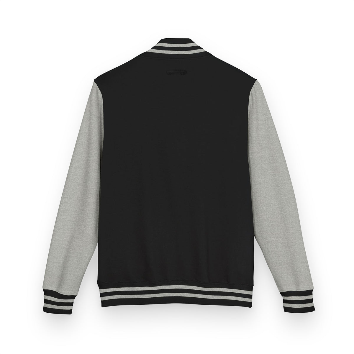 Gatehouse Varsity Jacket in Jet Black and Heather Grey with printed chest graphic — flat back