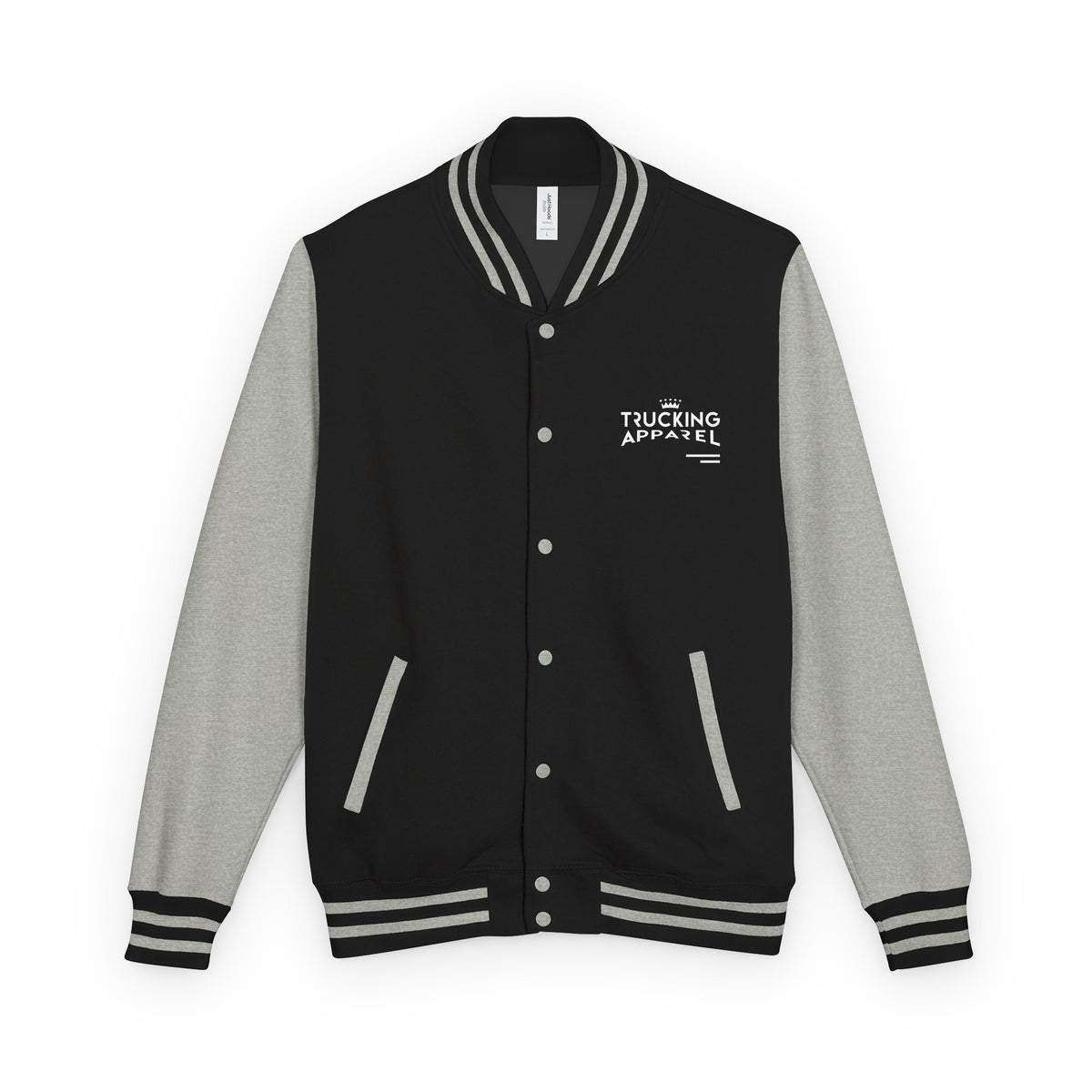 Gatehouse Varsity Jacket in Jet Black and Heather Grey with printed chest graphic — flat front