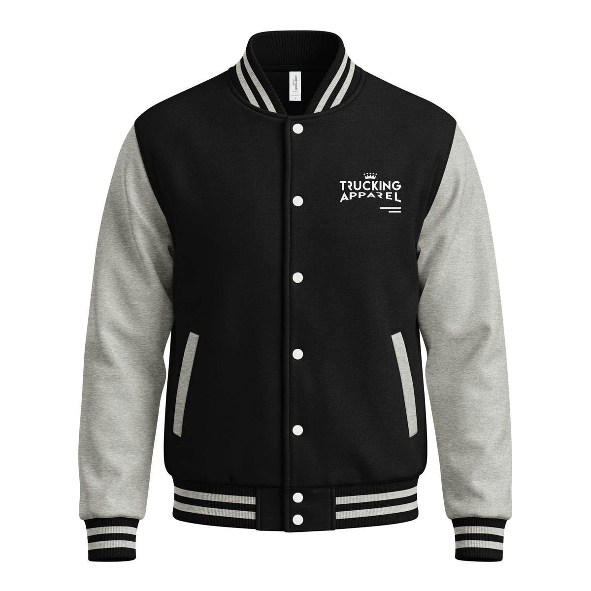 Gatehouse Varsity Jacket in Jet Black and Heather Grey with printed chest graphic — ghost form front