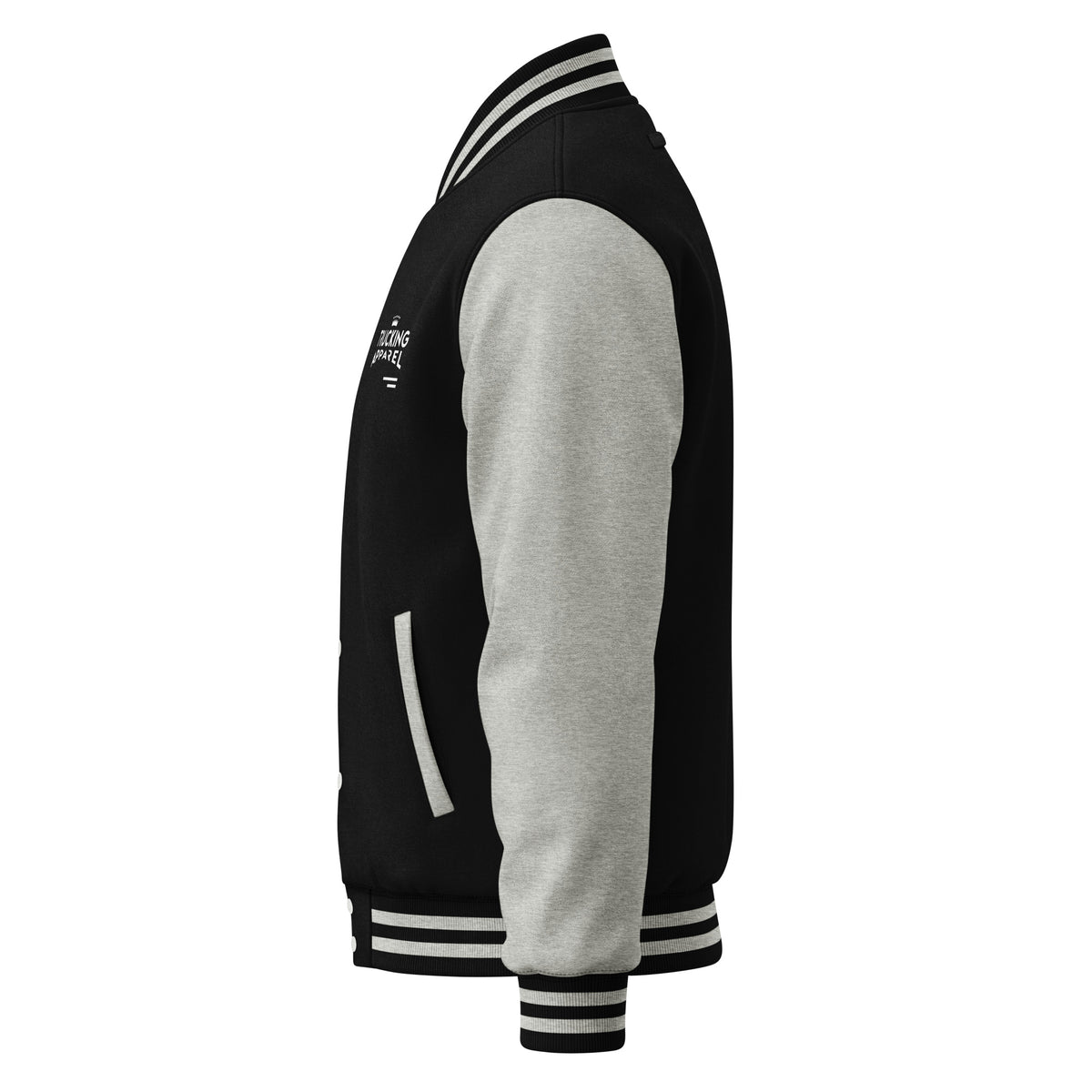 Gatehouse Varsity Jacket in Jet Black and Heather Grey with printed chest graphic — ghost form left angle