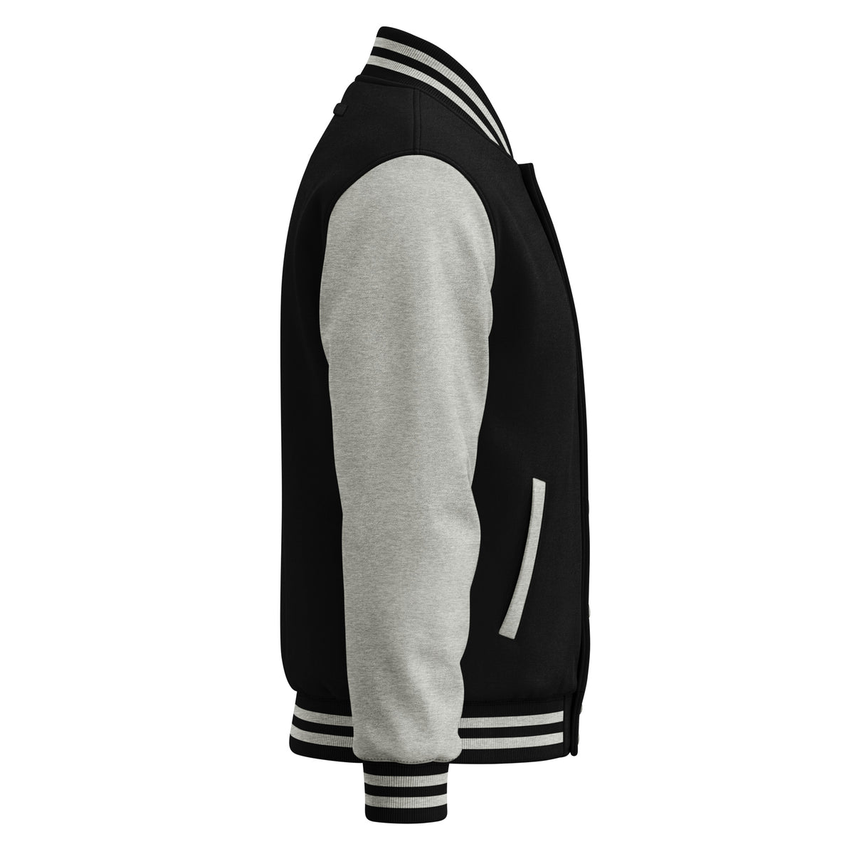 Gatehouse Varsity Jacket in Jet Black and Heather Grey with printed chest graphic — ghost form right angle