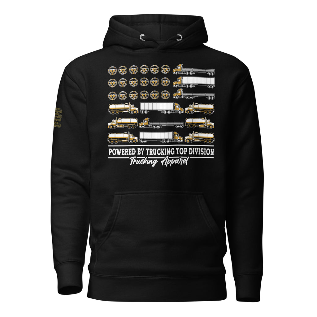 Trucking Top Division hoodie in black, front view with truck flag print.