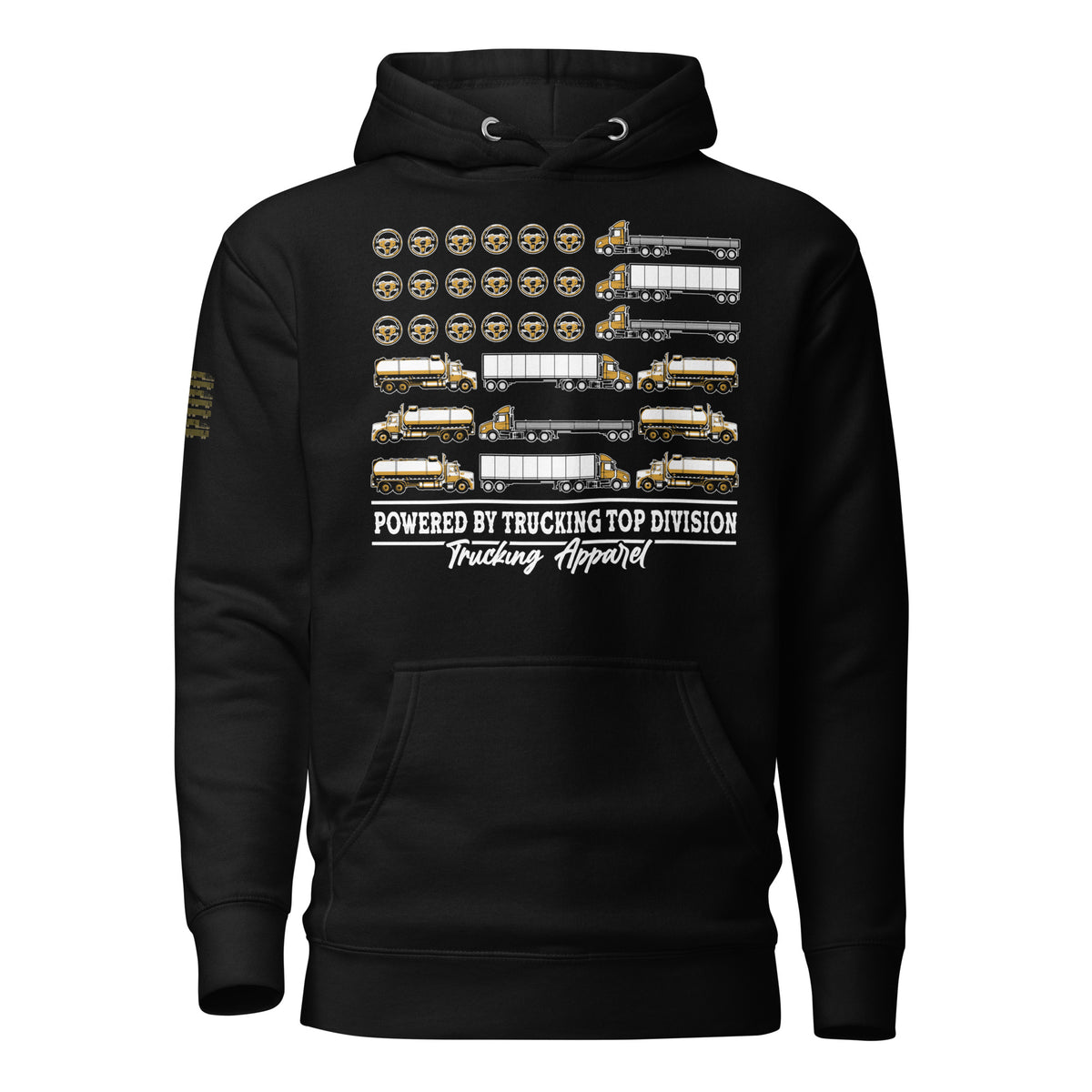 Trucking Top Division hoodie in black, front view with truck flag print.
