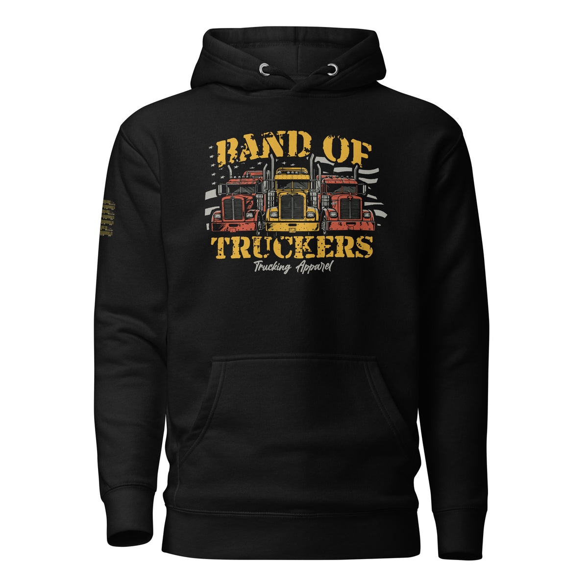 Truckers Brothers hoodie in black, front view with Band of Truckers rig print.