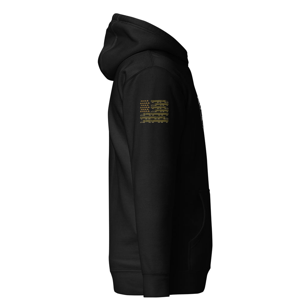 Drive Pro Hoodie in black, right side view with sleeve print.