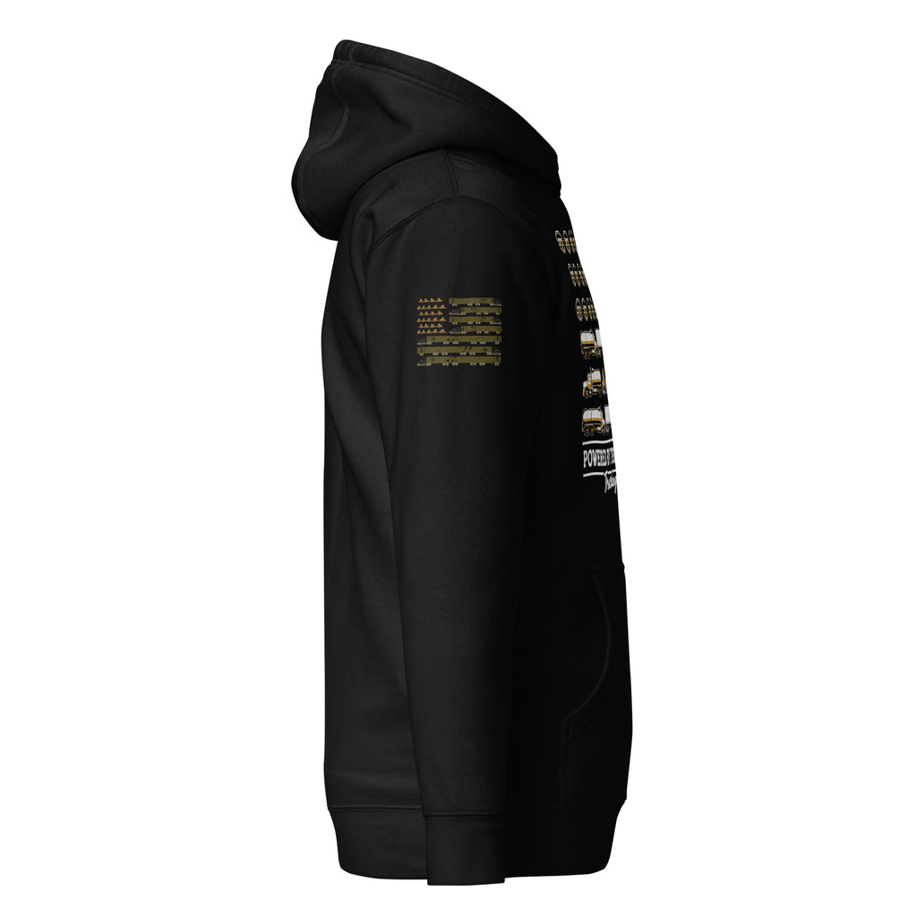 Trucking Top Division hoodie in black, right side view with sleeve print.