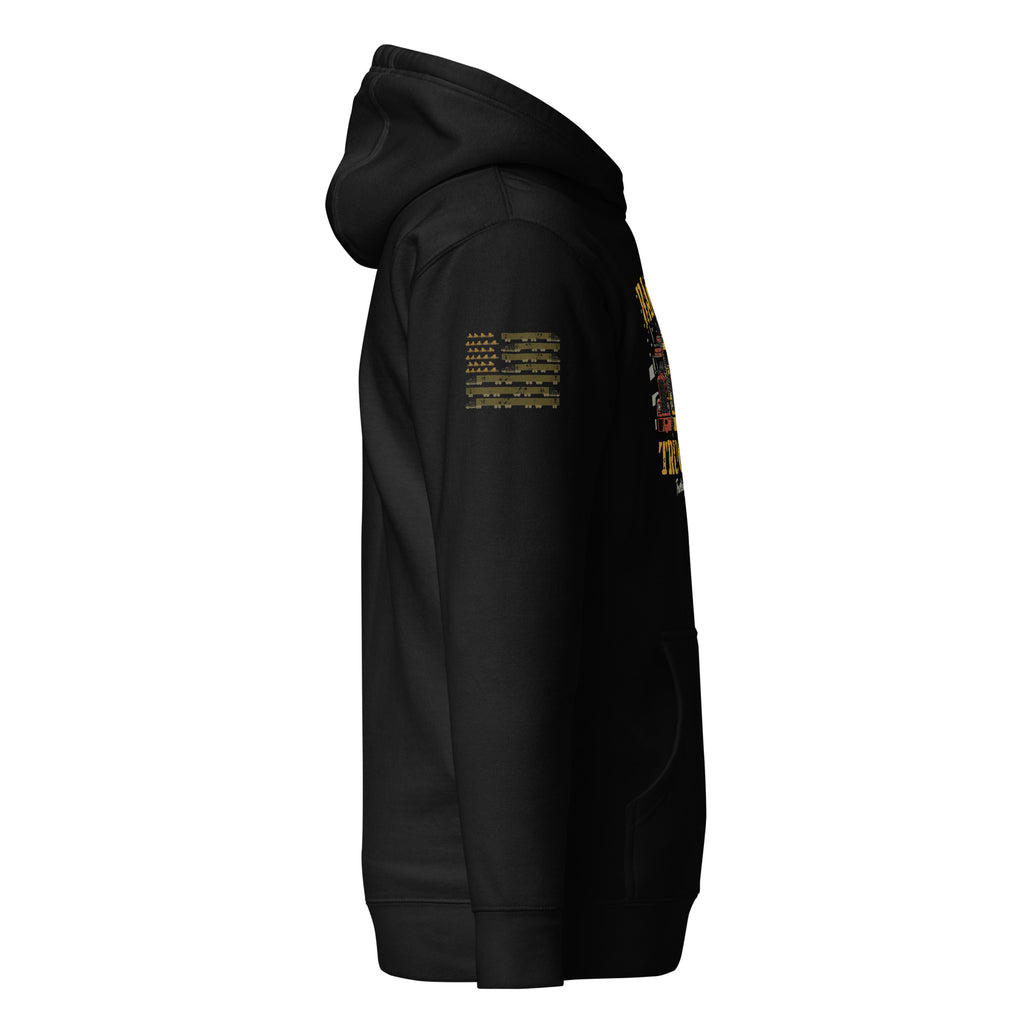 Truckers Brothers hoodie in black, right side view with sleeve print.