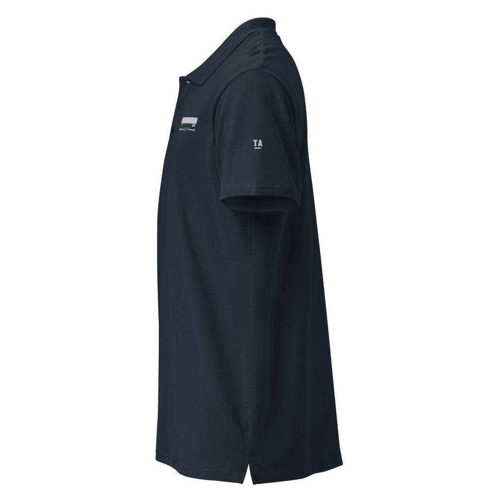 53 FT Polo in navy, left side view.