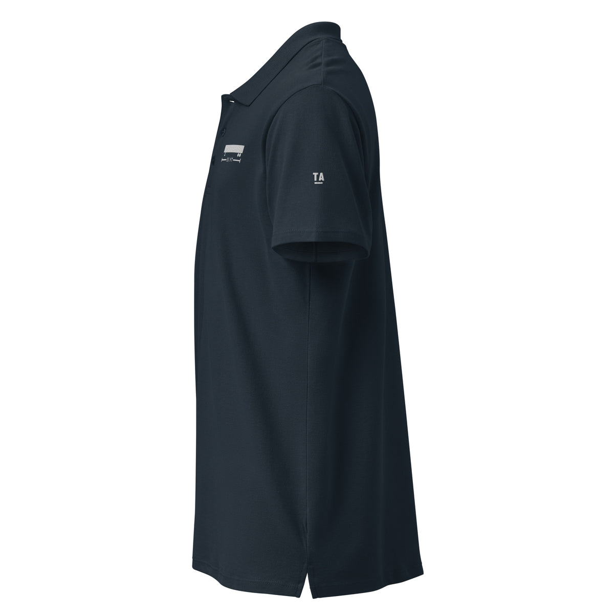 53 FT Polo in navy, left side view.