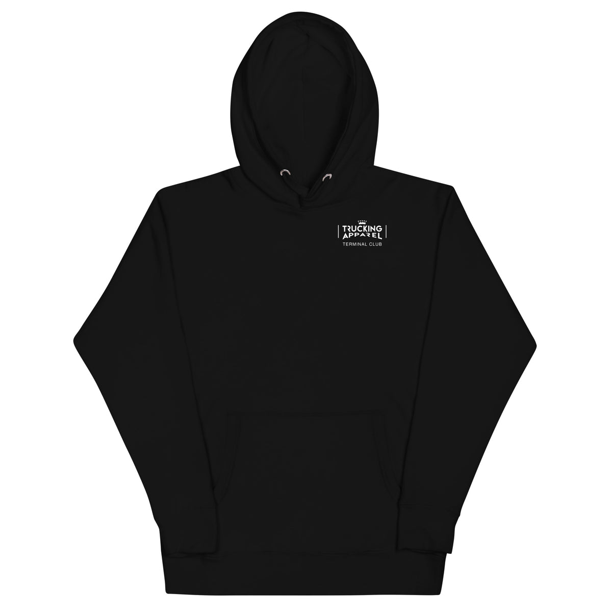 Terminal Club Hoodie in Black, front supplier mockup with a compact white Trucking Apparel chest graphic