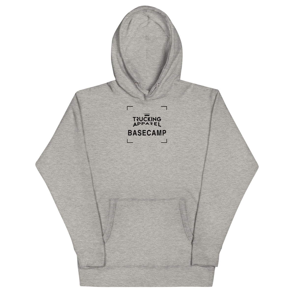 Basecamp Fleece Hoodie in Carbon Grey, front supplier mockup with black Trucking Apparel and Basecamp graphic