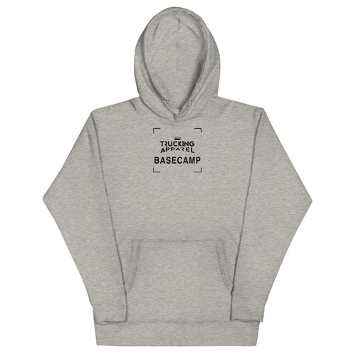 Basecamp Fleece Hoodie in Carbon Grey, front supplier mockup with black Trucking Apparel and Basecamp graphic