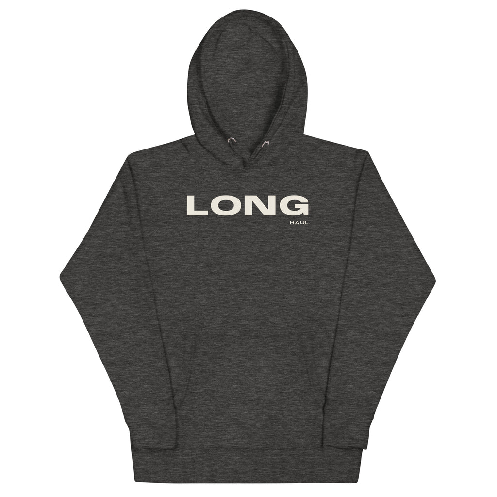 Long Haul Hoodie in charcoal heather, front view.
