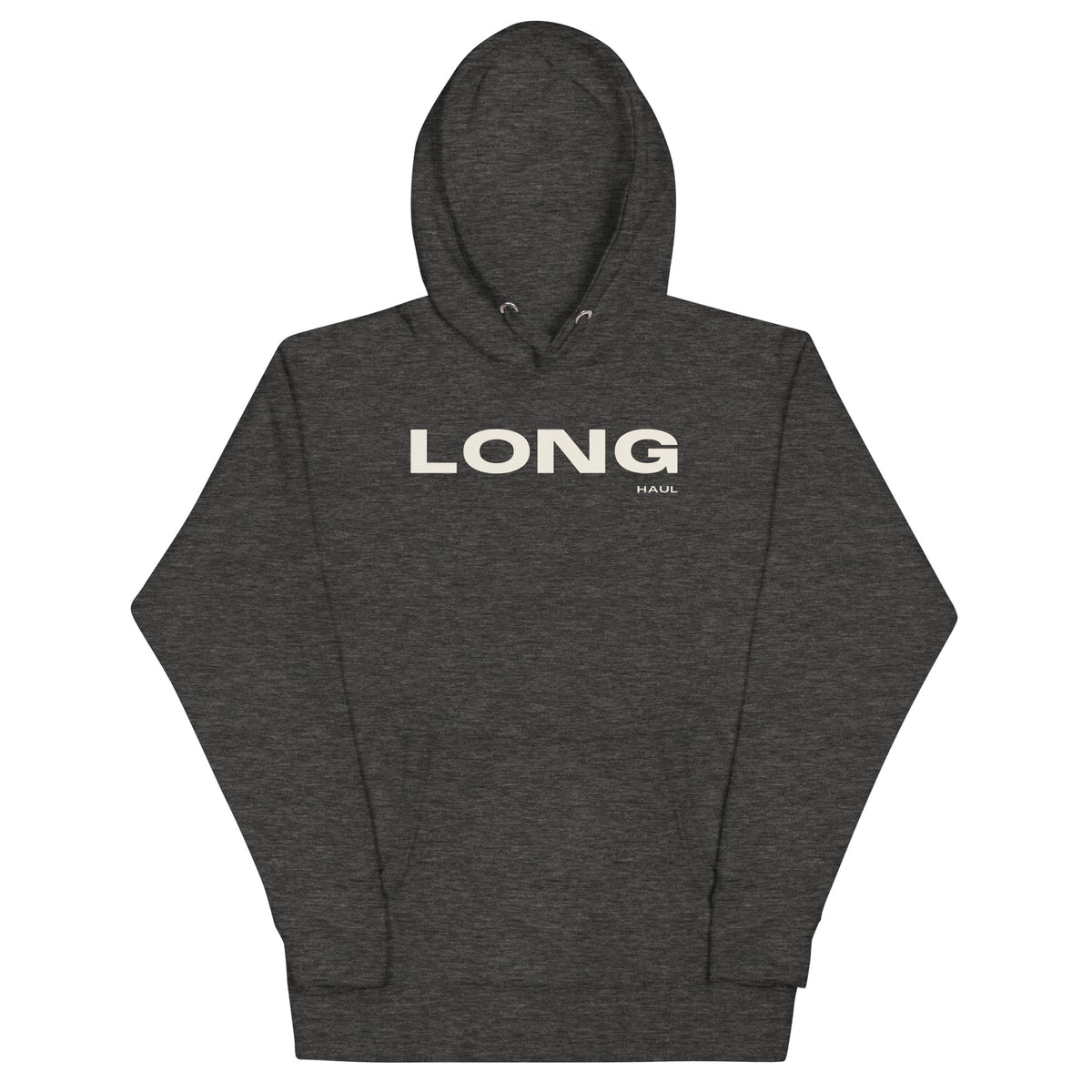 Long Haul Hoodie in charcoal heather, front view.