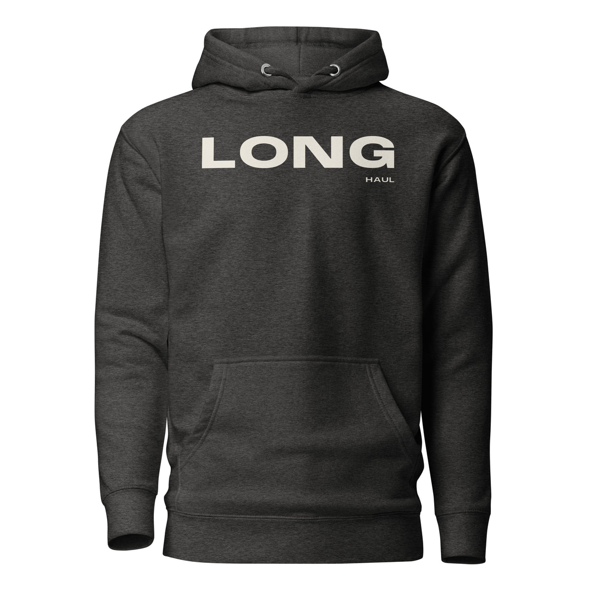 Long Haul Hoodie in charcoal heather, front view.