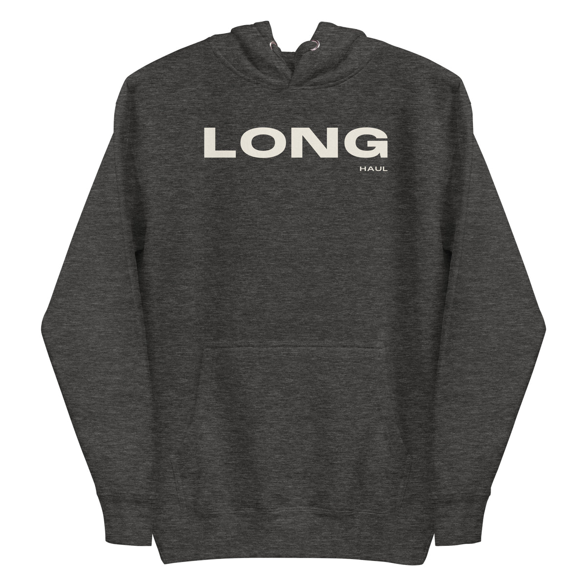 Long Haul Hoodie in charcoal heather, front view.
