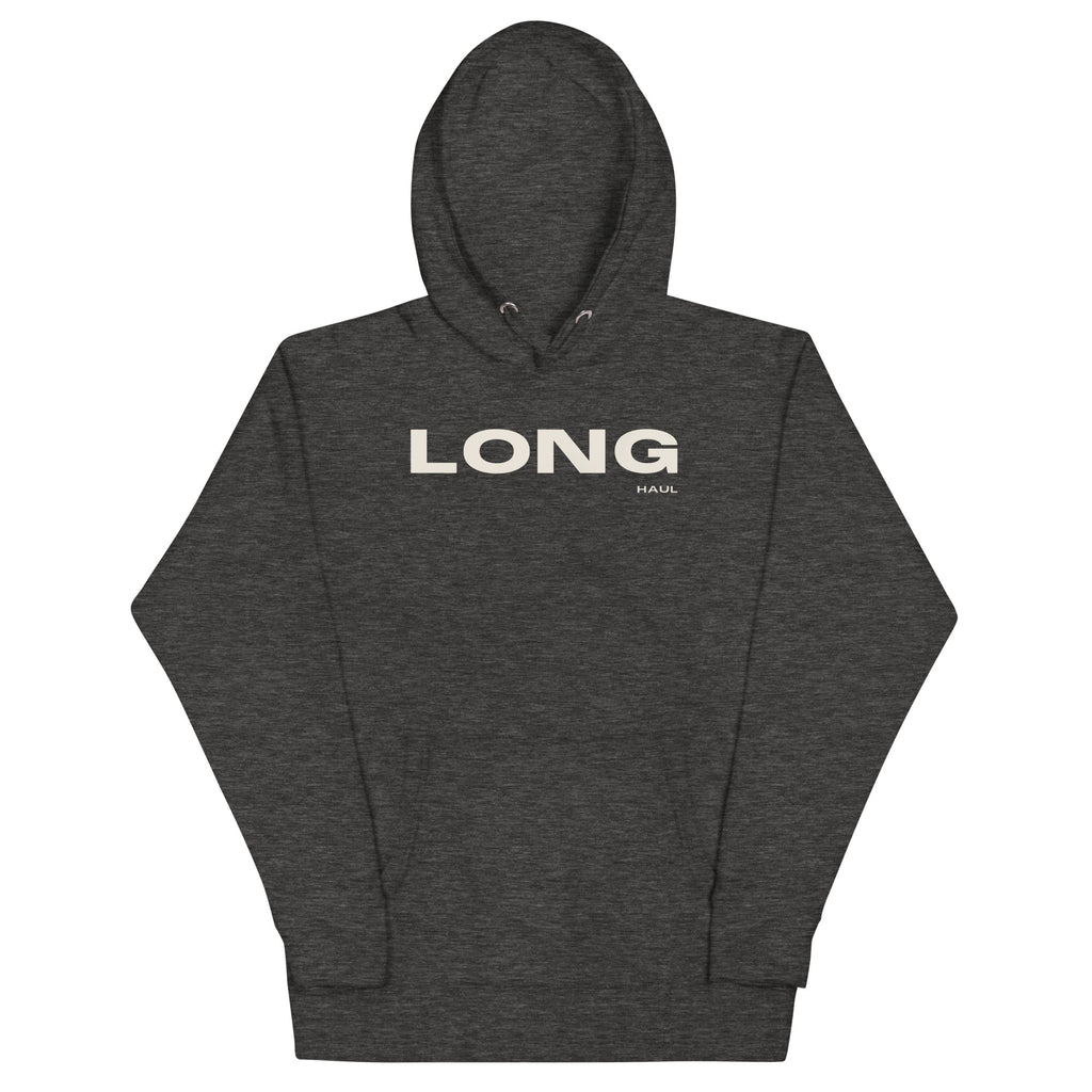 Long Haul Hoodie in charcoal heather, front view.