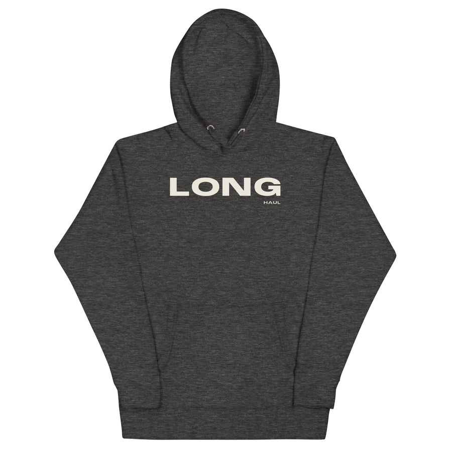 Long Haul Hoodie in charcoal heather, front view.
