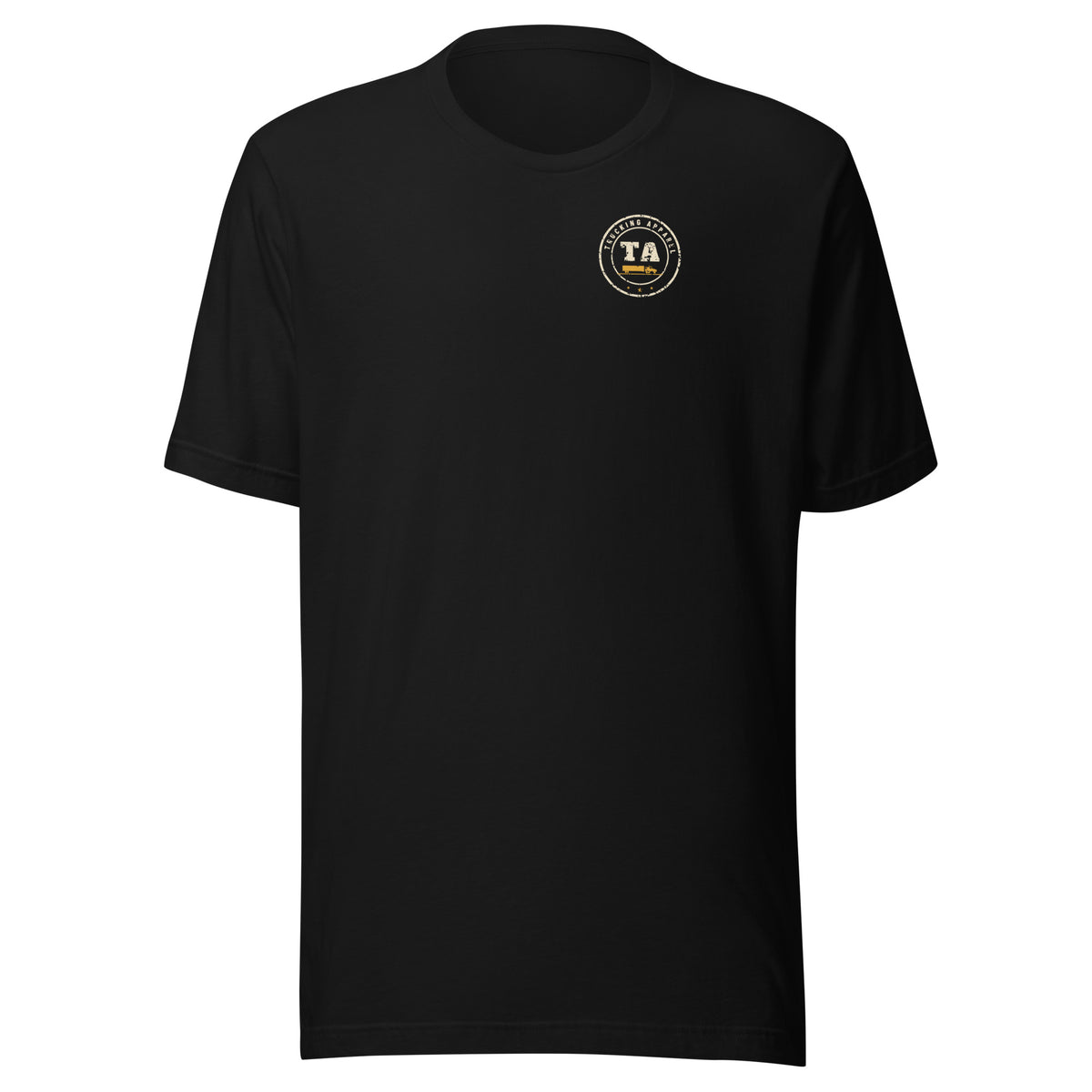 Dispatch Said It's Right On Your Way Trucker Tee in black, front view with small TA chest badge. Design made with AI assistance.