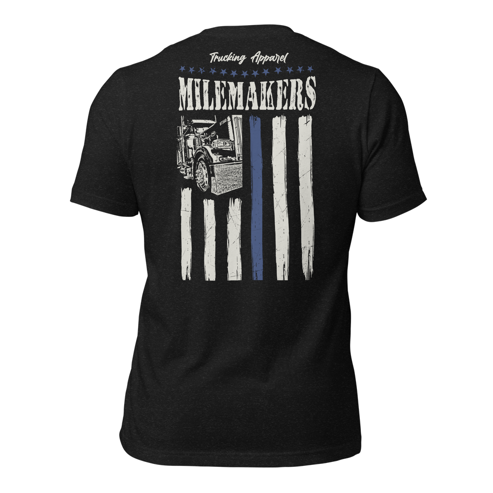 Trucking Mile Maker tee in black heather, back view with Milemakers flag and truck print.
