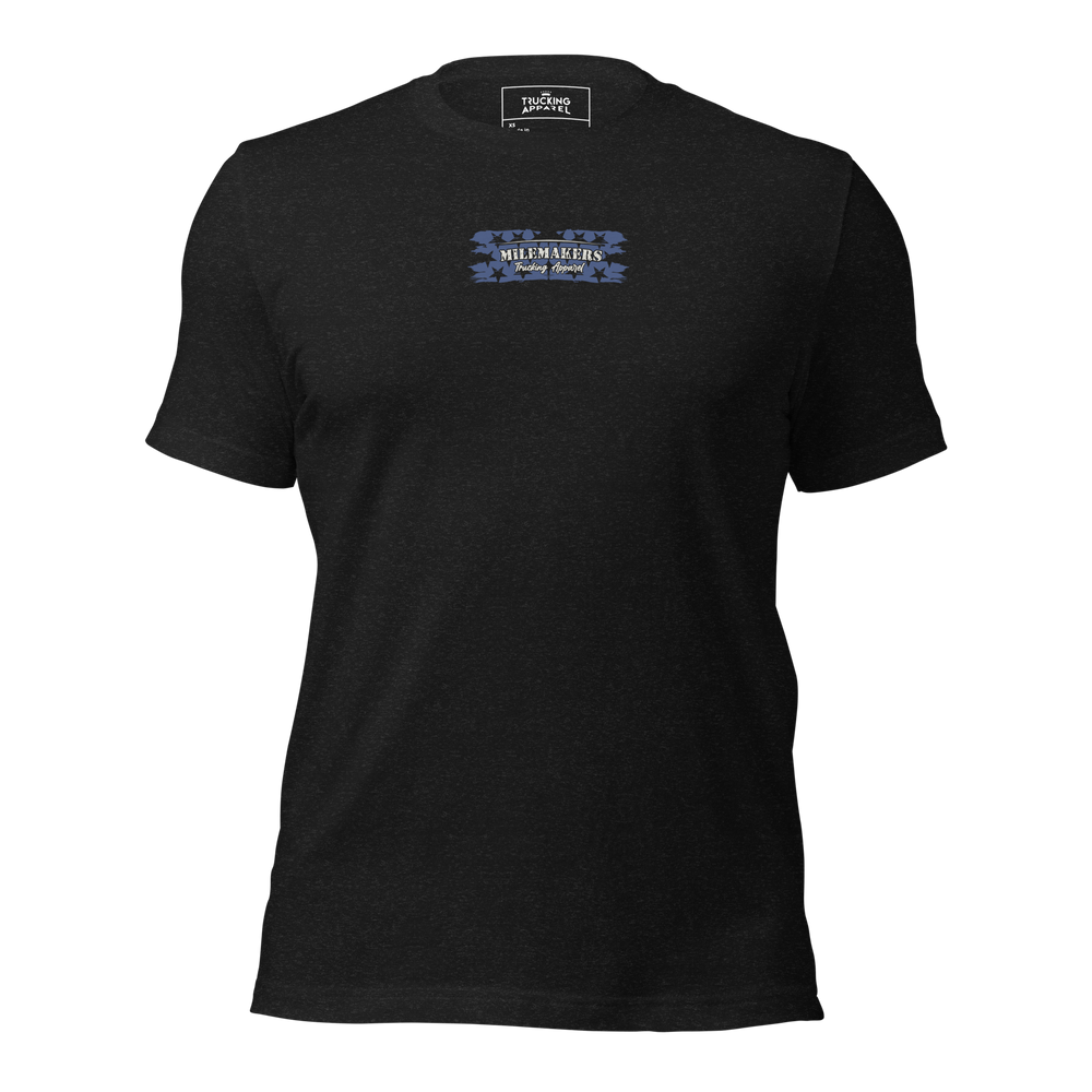 Trucking Mile Maker tee in black heather, front view with small Milemakers chest patch.
