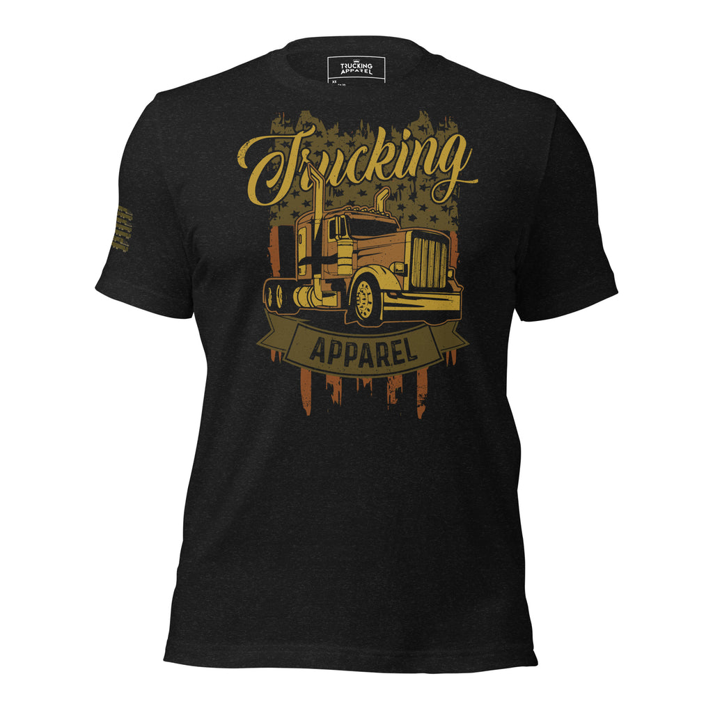 Trapp OTR tee in black heather, front view with gold Trucking Apparel script and rig print.