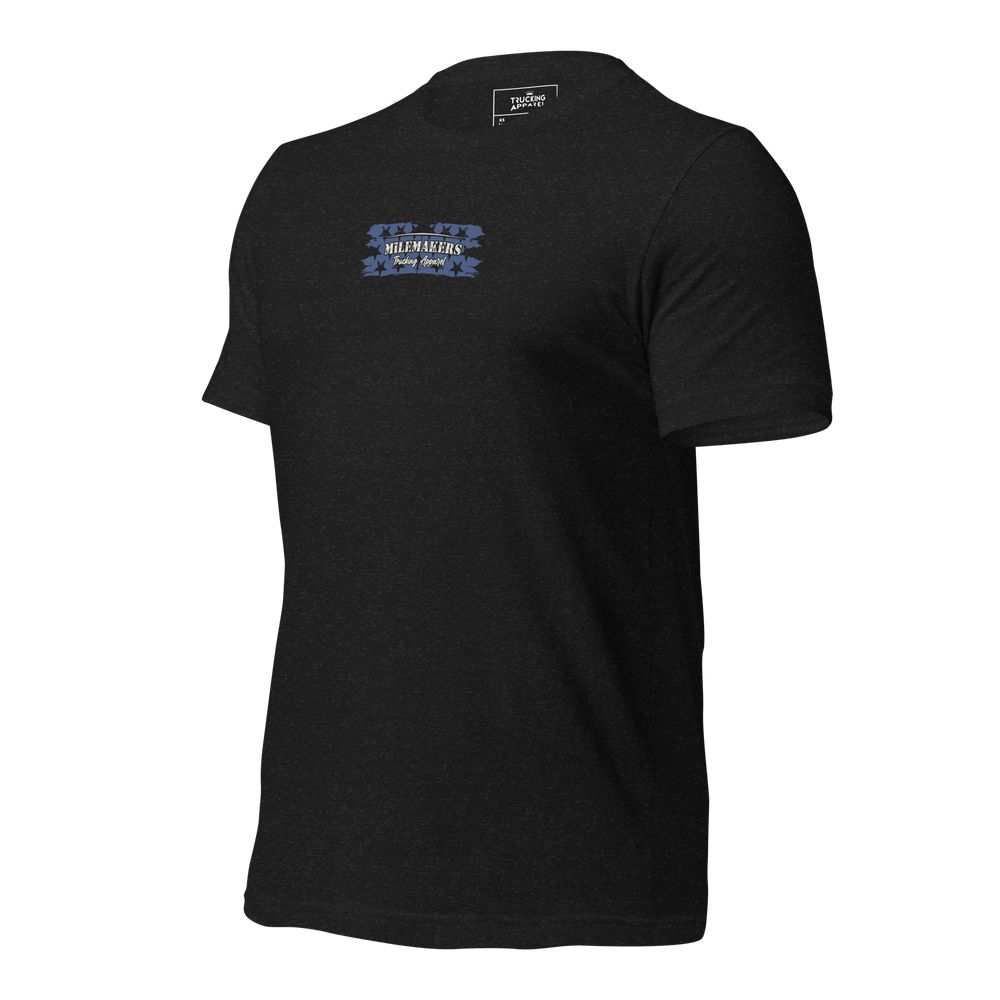 Trucking Mile Maker tee in black heather, left front angle with chest patch.