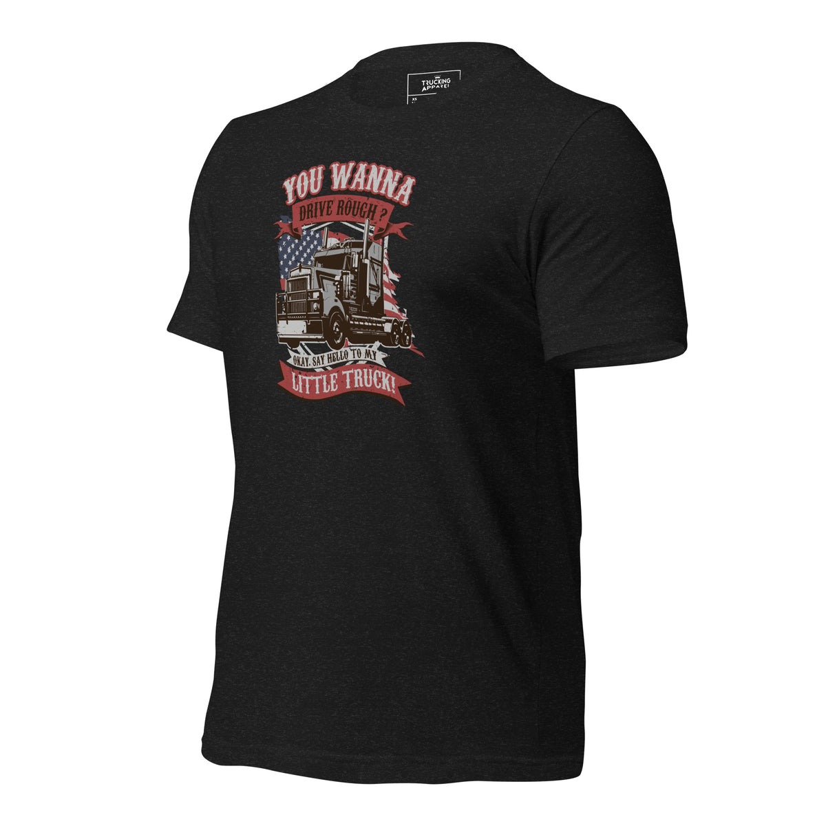 Say Hello to My Little Truck tee in black heather, left front angle.