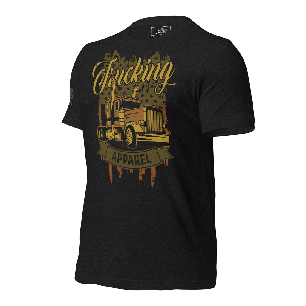 Trapp OTR tee in black heather, left front angle.