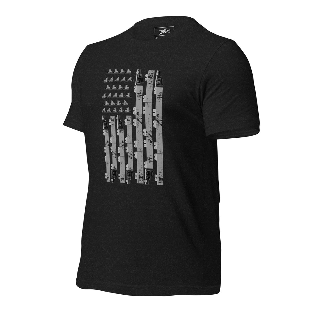 Truck Flag Tee in black heather, left front angle.