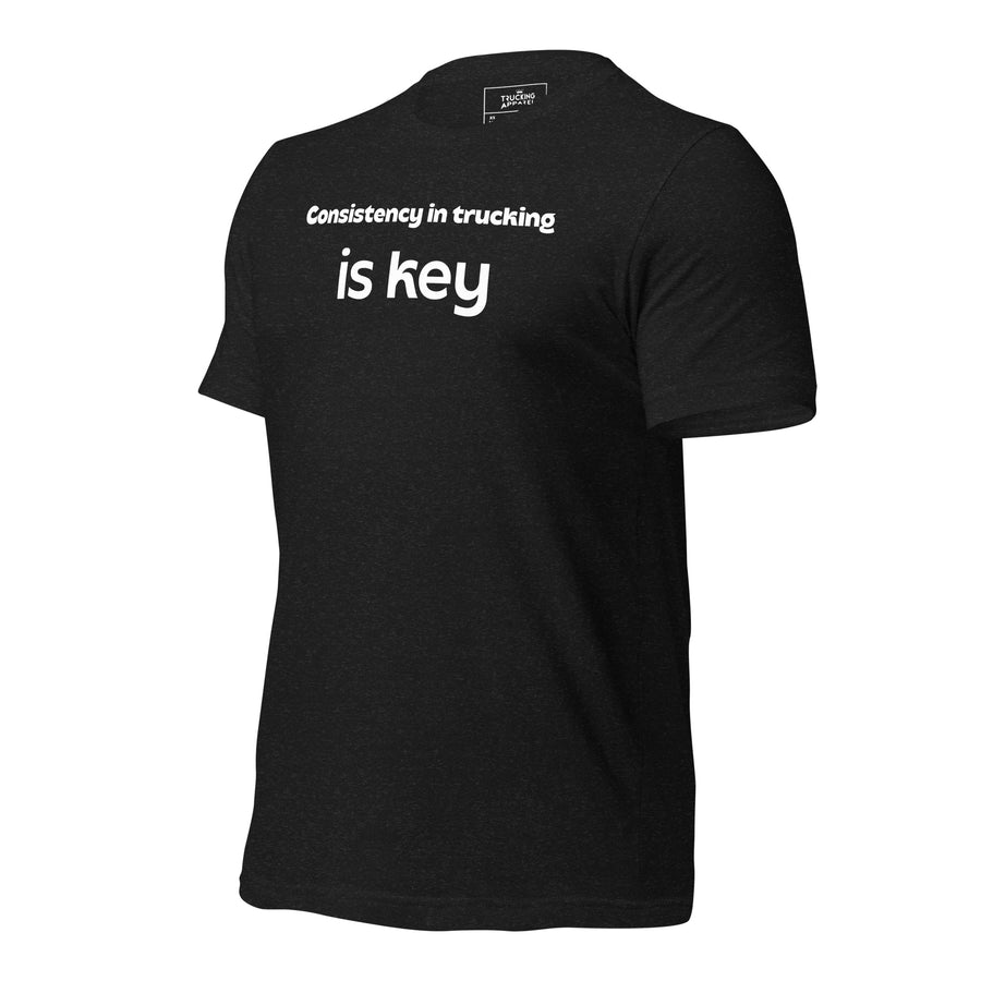 Trucking Key tee in black heather, left front angle.