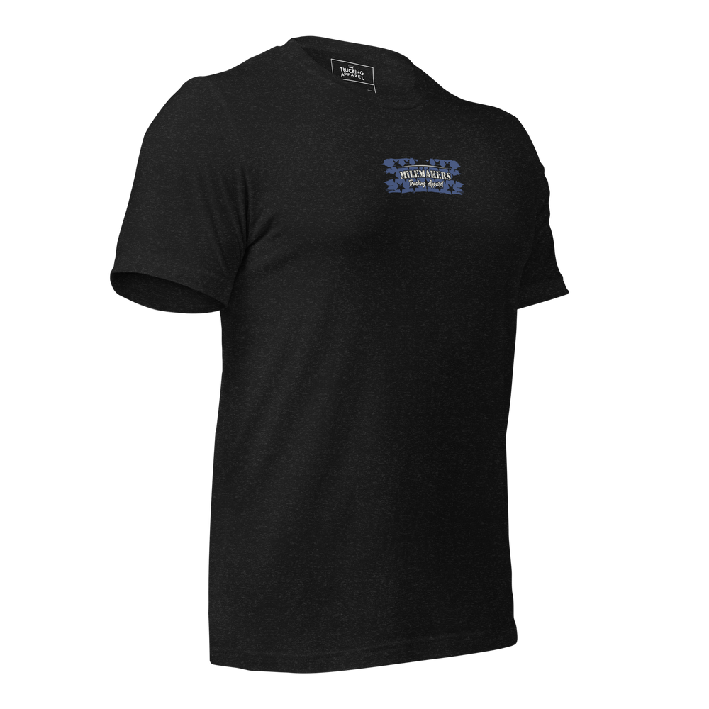 Trucking Mile Maker tee in black heather, right front angle with chest patch.