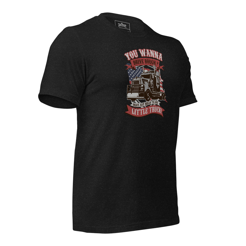 Say Hello to My Little Truck tee in black heather, right front angle.