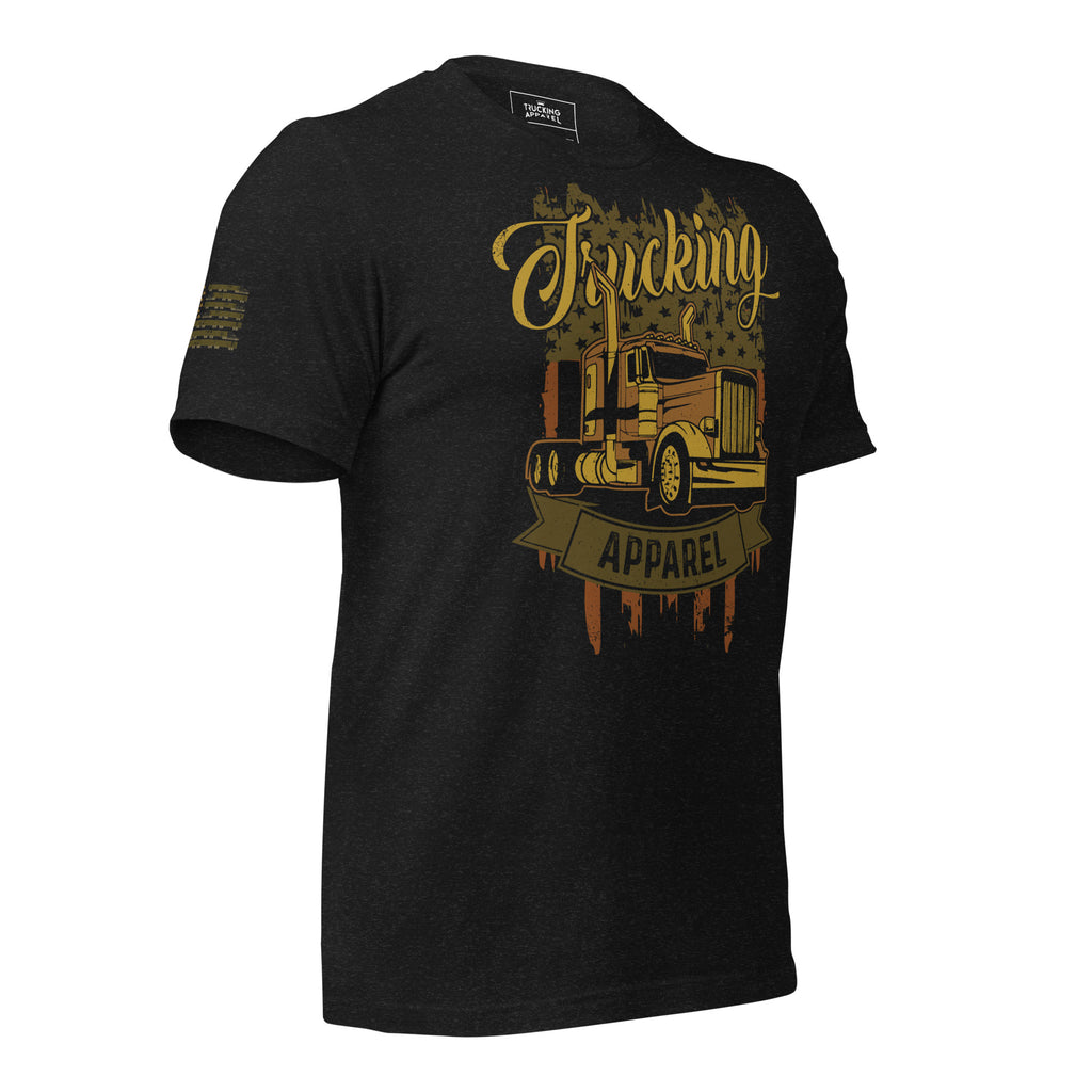 Trapp OTR tee in black heather, right front angle with sleeve print.