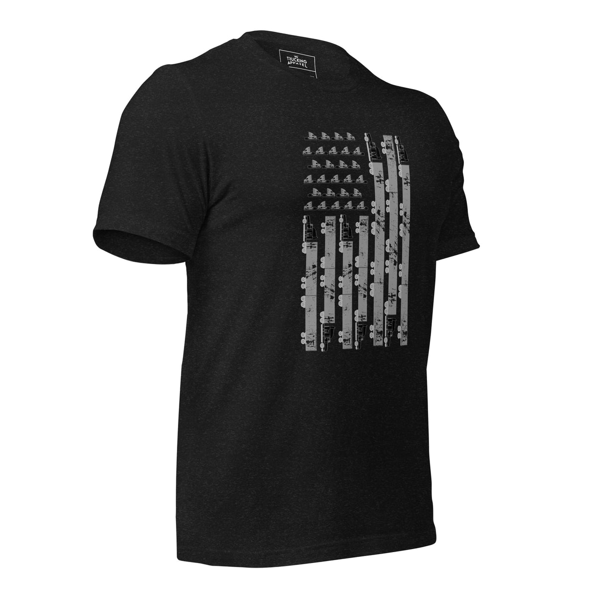 Truck Flag Tee in black heather, right front angle.
