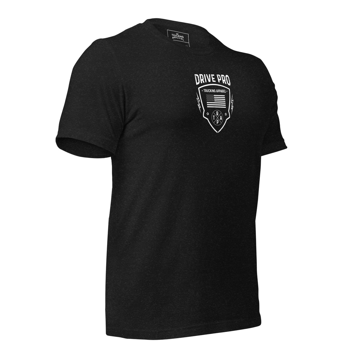 Drive Pro tee in black heather, right front angle.