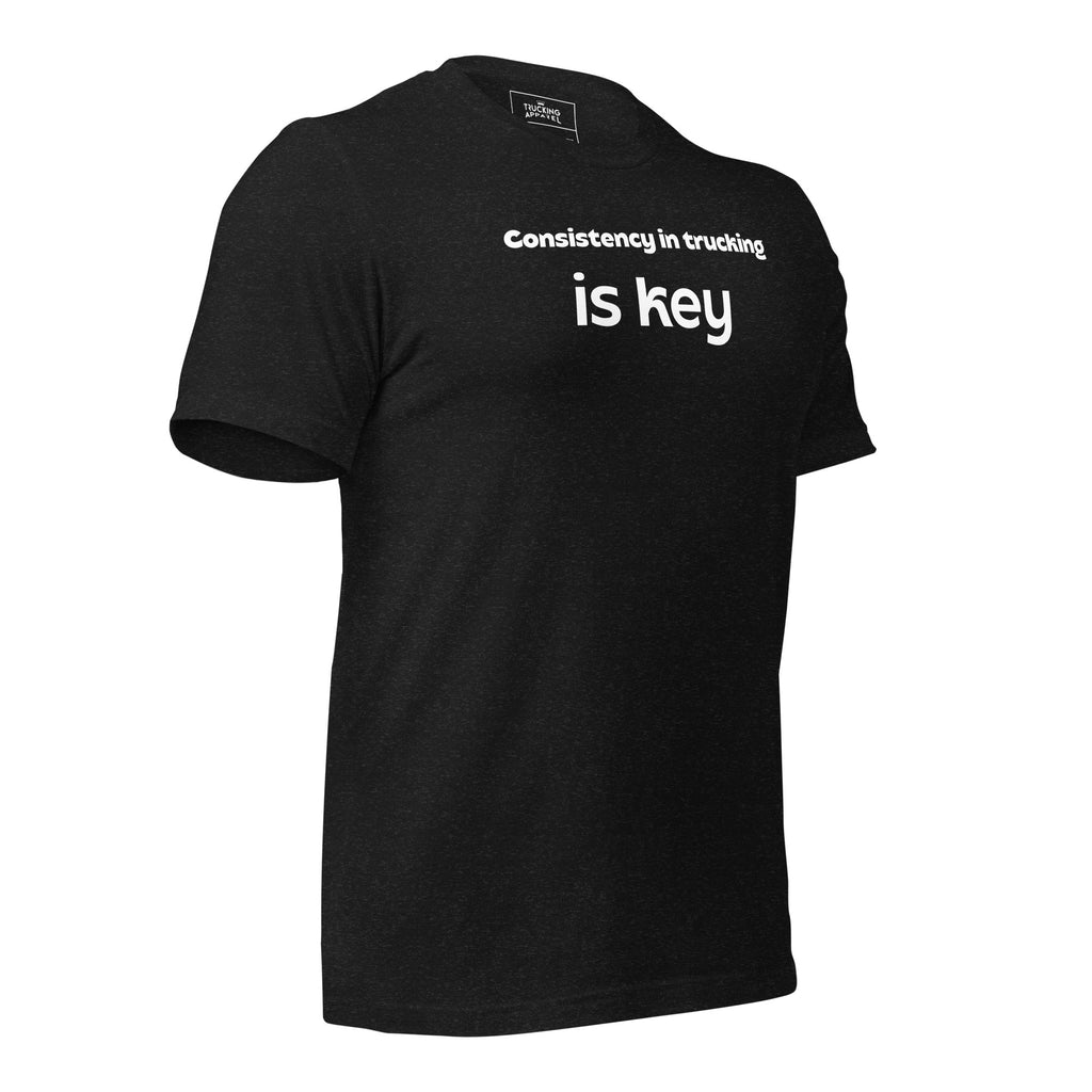 Trucking Key tee in black heather, right front angle.