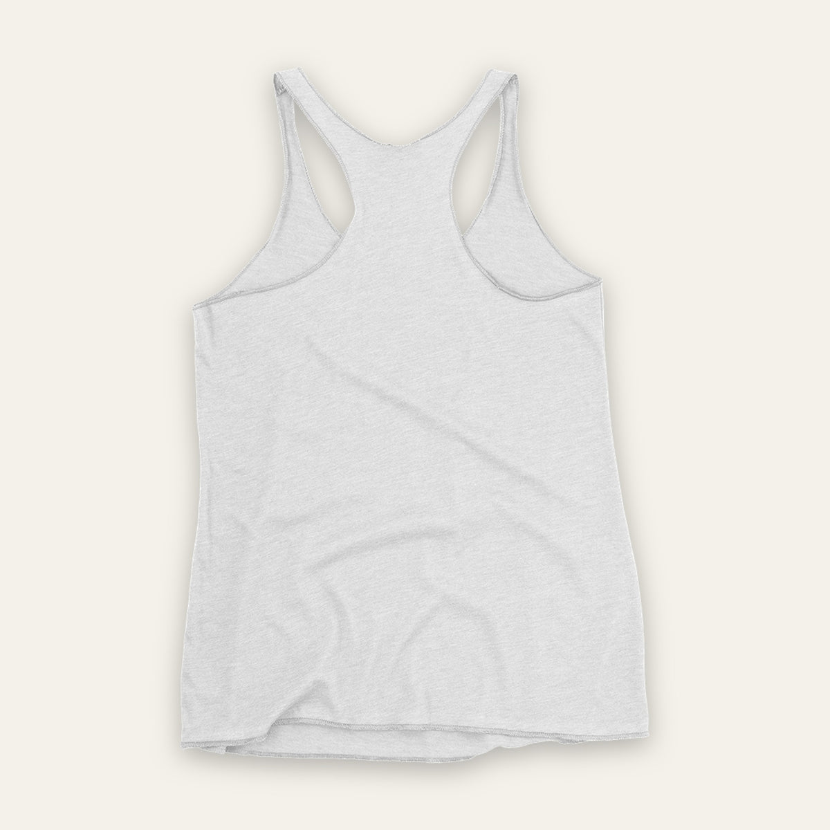 Women's Racerback Tank in heather white, plain racerback back, laid flat.