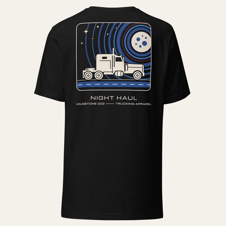Back of the black Night Haul Milestone Tee with a mission-patch style trucking graphic